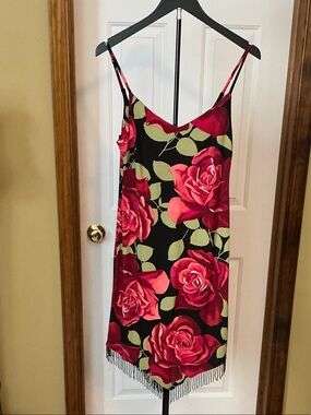 Floral Slip Midi Dress with Fringe - Black & Red